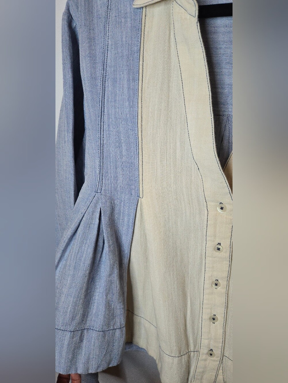 Anthropologie Maeve Color Block Blue Cream Cotton Linen Pleated Swing Shirt L - Picture 5 of 7